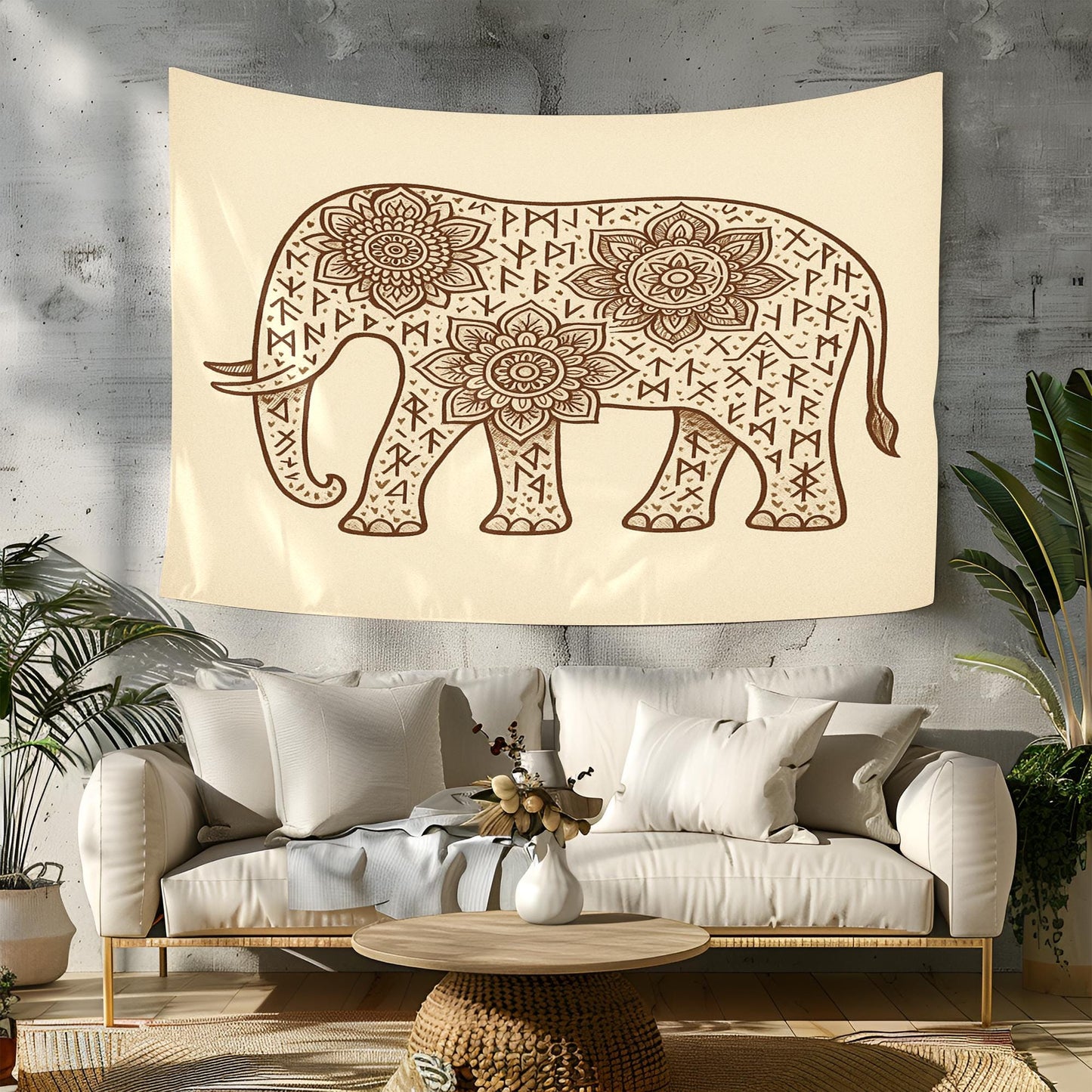 Mandala Elephant Wall Tapestry with Runes on Cream Background – Bohemian Boho Decor for Yoga Room, Bedroom, Meditation and Healing Space