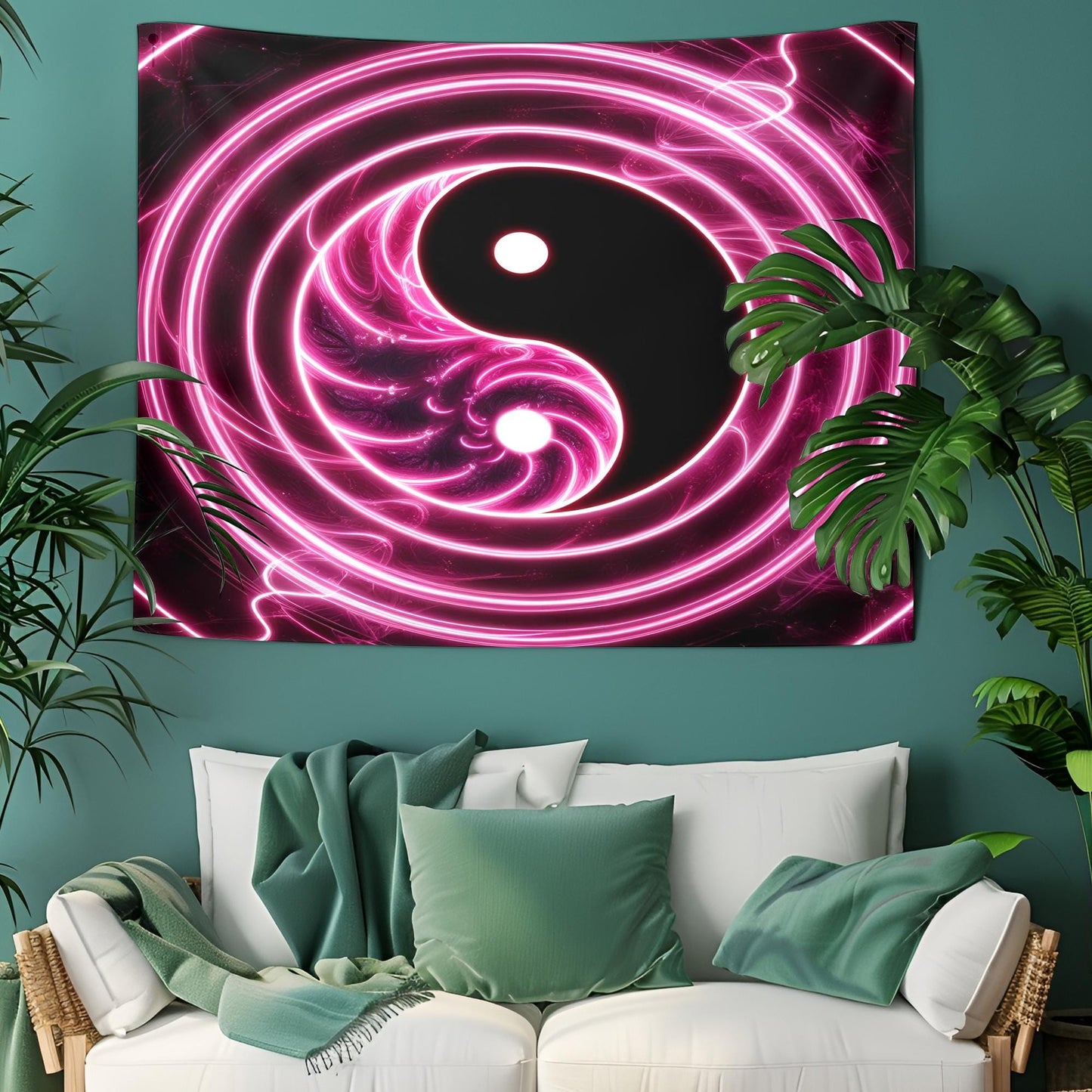 Massive Glowing Yin Yang Tapestry, Neon Swirling Light Trails, Infinite Fractal Reflections, Ultra HD Psychedelic Balance Symbol Wall Art