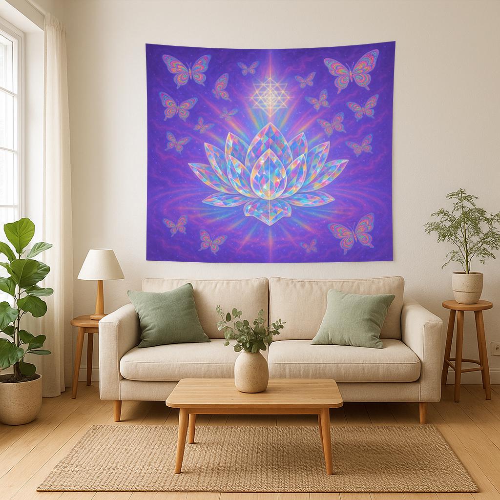 Crystal Lotus Tapestry, Spiritual Butterfly Wall Art, Pink Purple Boho Decor, Meditation Yoga Room Hanging, Sacred Geometry Gift
