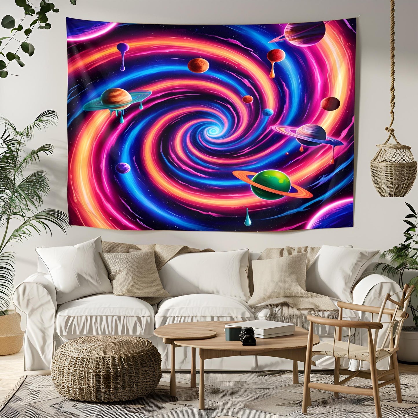 Neon Spiral Galaxy Tapestry, Trippy Cosmic Wormhole Art, Dripping Space Liquids, Vibrant Electric Planet Decor, Psychedelic Tapestry