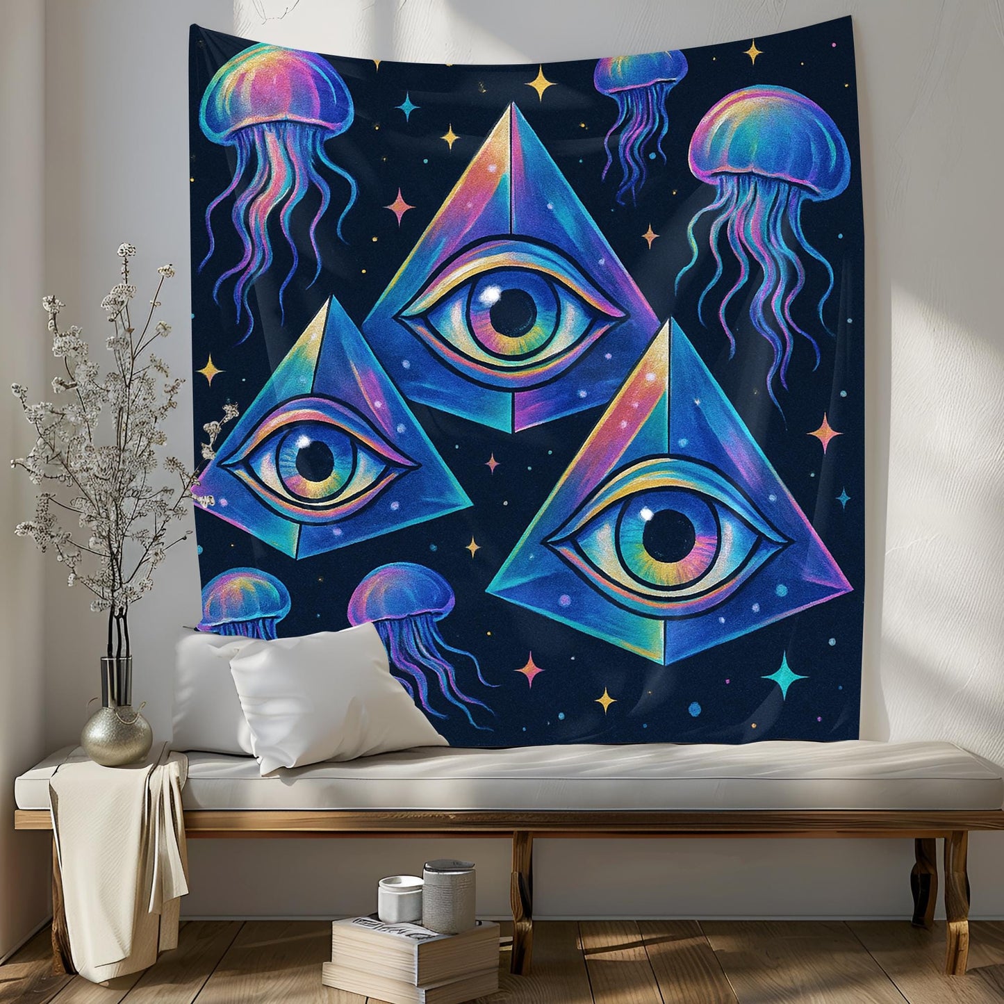 Psychedelic Eye Tapestry With Jellyfish, Trippy Third Eye Wall Hanging, Vibrant Dorm Room Decor, Cool Gift For Teens, Gamers Or Artists