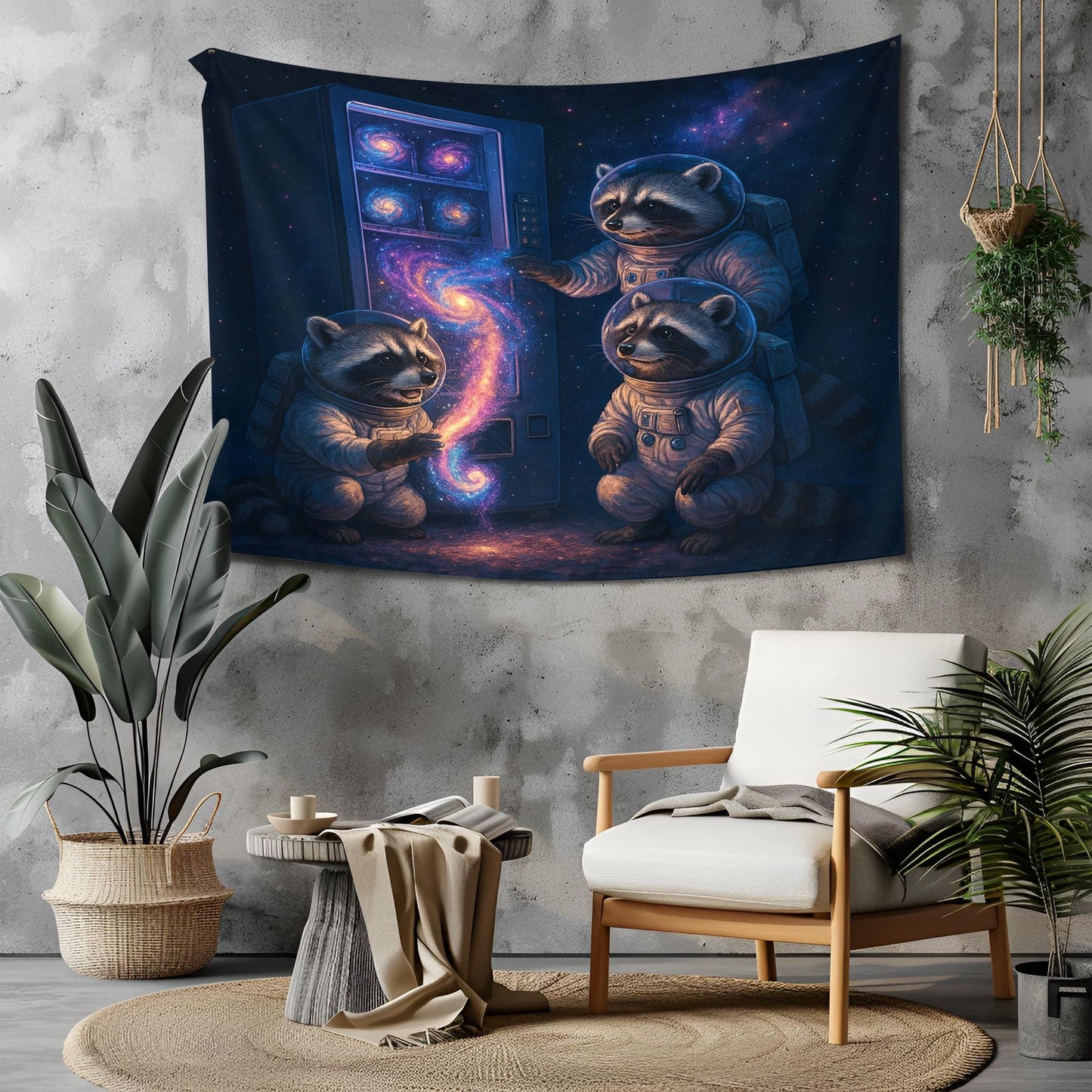 Raccoon Astronaut Tapestry Galaxy Vending Machine Wall Art, Funny Space Decor For Dorm, Cosmic Animal Poster Gift For Sci Fi Lover