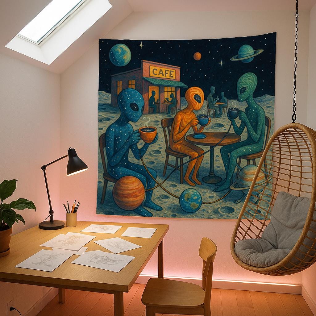 Alien Cafe Wall Tapestry with Space Beings Drinking Coffee on the Moon, Whimsical Outer Space Art for Sci-Fi Bedroom or Dorm Room Decor