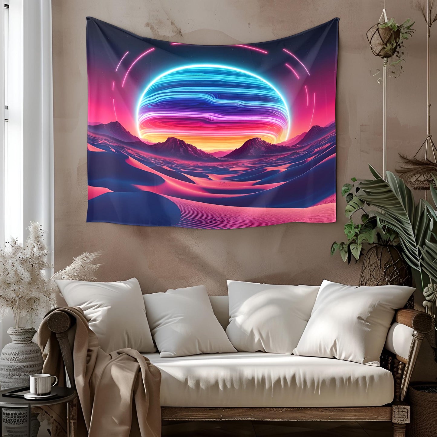 Psychedelic Desert Tapestry, Glowing Sand Dunes & Neon Sun, Surreal Melting Mountains, Retro-Futuristic Dreamscape Art, Trippy Tapestry