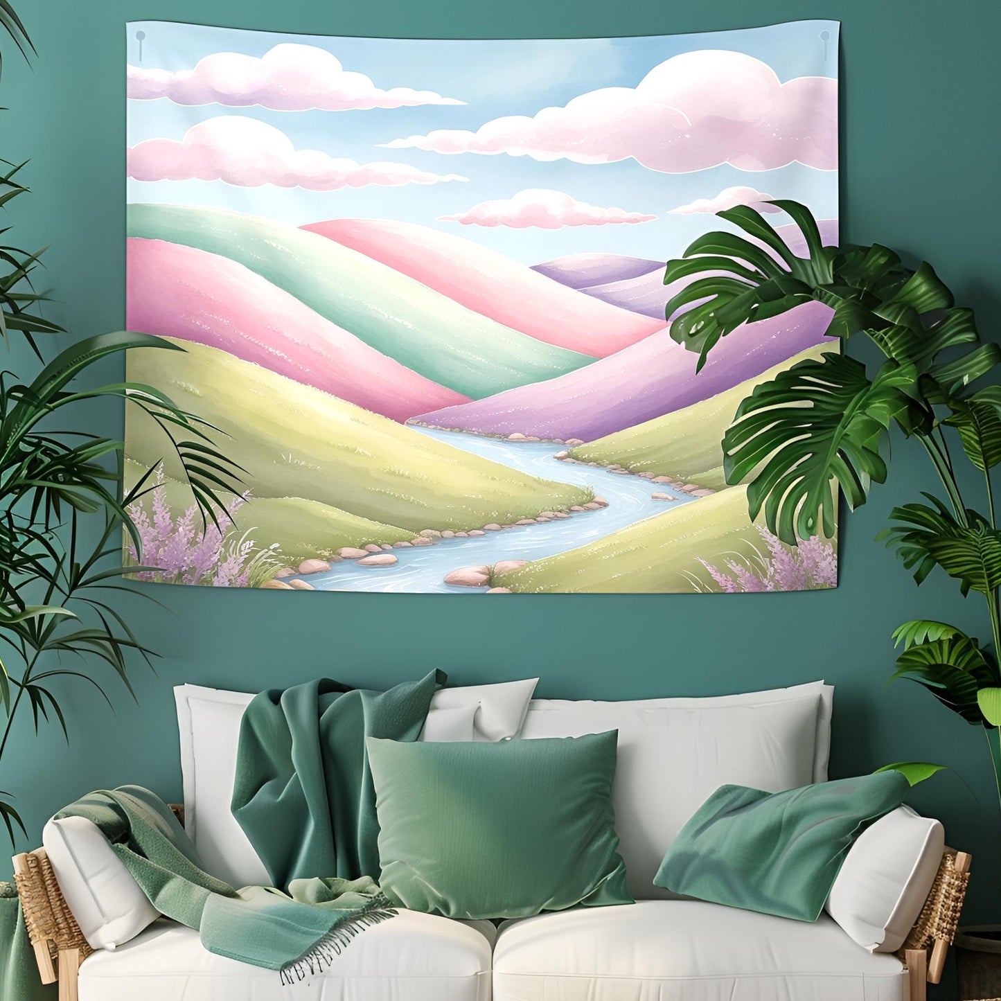 Pastel Rolling Hills Tapestry, Soft Pink Mint Green Lavender Landscape, Gentle Watercolor Clouds & Winding Rivers, Dream Nature Art Tapestry