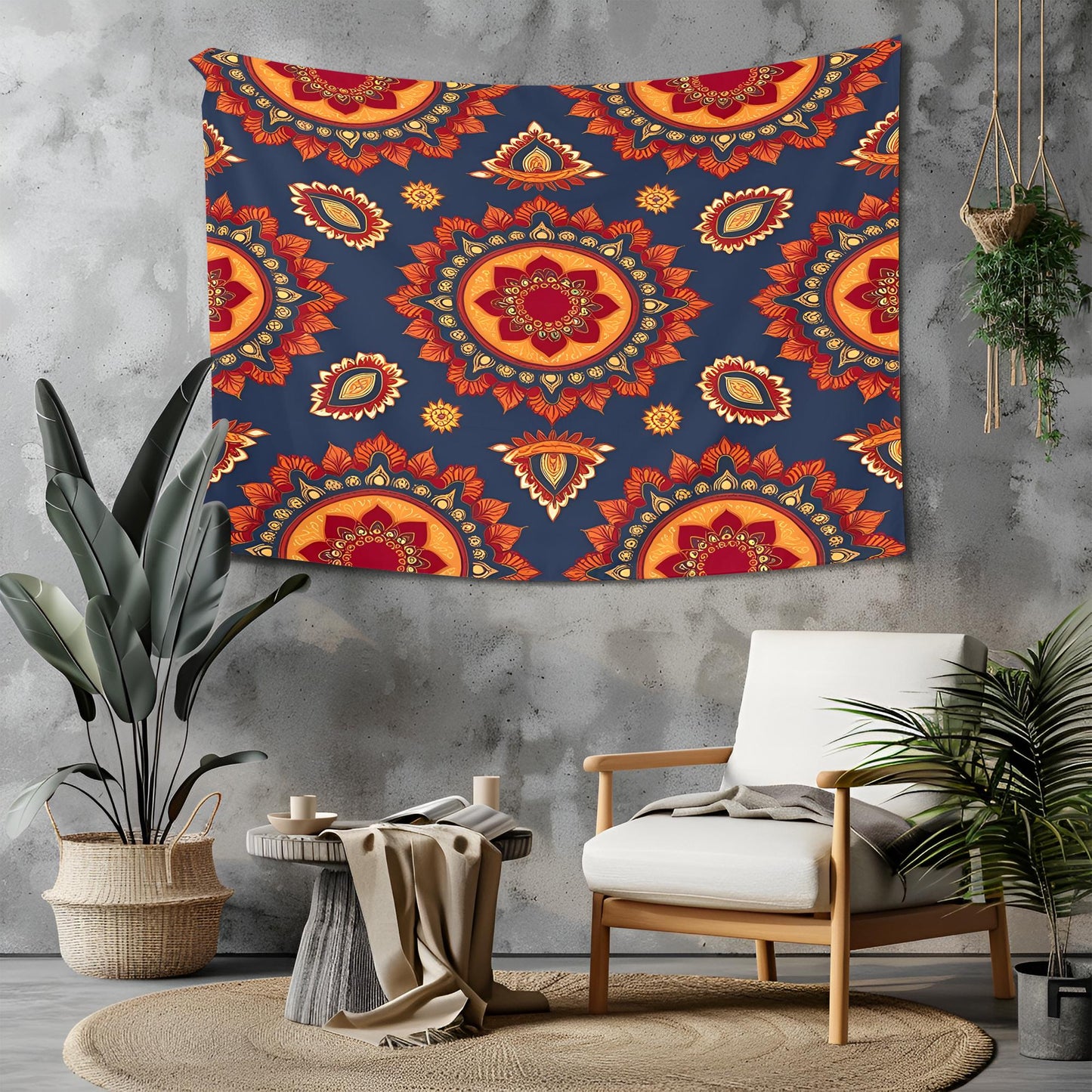 Seamless Indian Mandala Pattern Tapestry, Deep Red Orange Gold Symmetrical Design on Dark Blue, Traditional Boho Decorative Wall Art