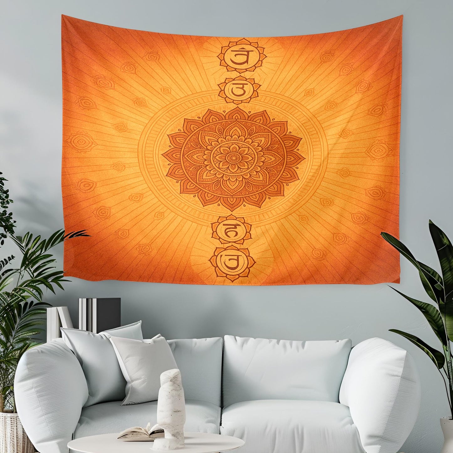 Chakra Wall Tapestry in Orange with Mandala and Symbol Design – Spiritual Boho Decor for Meditation, Yoga, Healing and Mindful Living