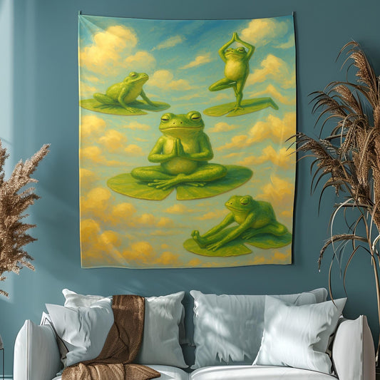 Yoga Frog Tapestry For Meditation Room Or Dorm Decor, Peaceful Frog Art On Lily Pads In Sky, Funny Gift For Yogi, Nature Lover Wall Art