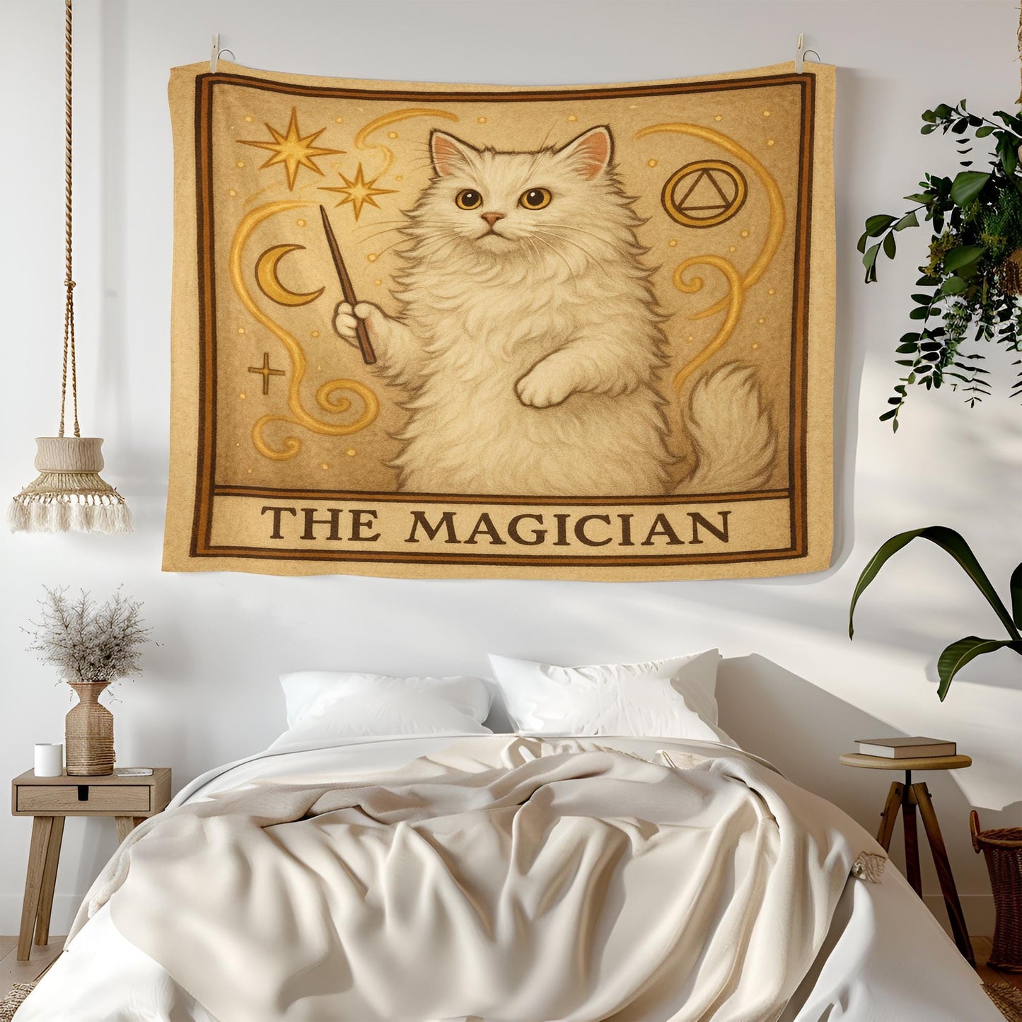 The Magician Cat Tapestry – Tarot Wall Hanging, White Cat Witchy Decor, Mystical Boho Tapestry for Spiritual or Bedroom Spaces