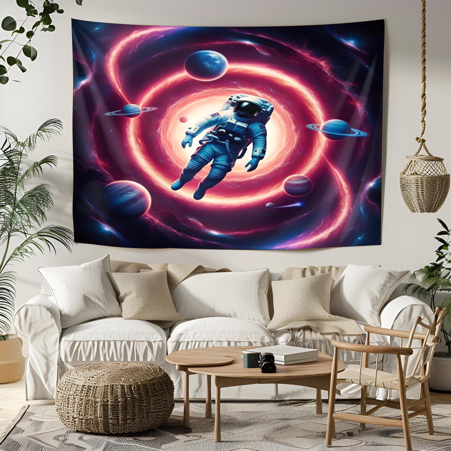 Psychedelic Astronaut Tapestry, Cosmic Vortex Wall Art, Swirling Neon Galaxies & Fractal Planets, Surreal Space Travel Decor , Trippy Decor