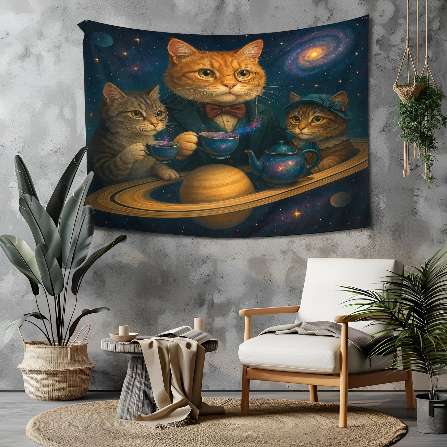Galaxy Cat Tapestry Wall Hanging, Whimsical Space Tea Party Art, Astronaut Cat Decor For Bedroom Or Living Room, Gift For Cat Lovers 50"x60"