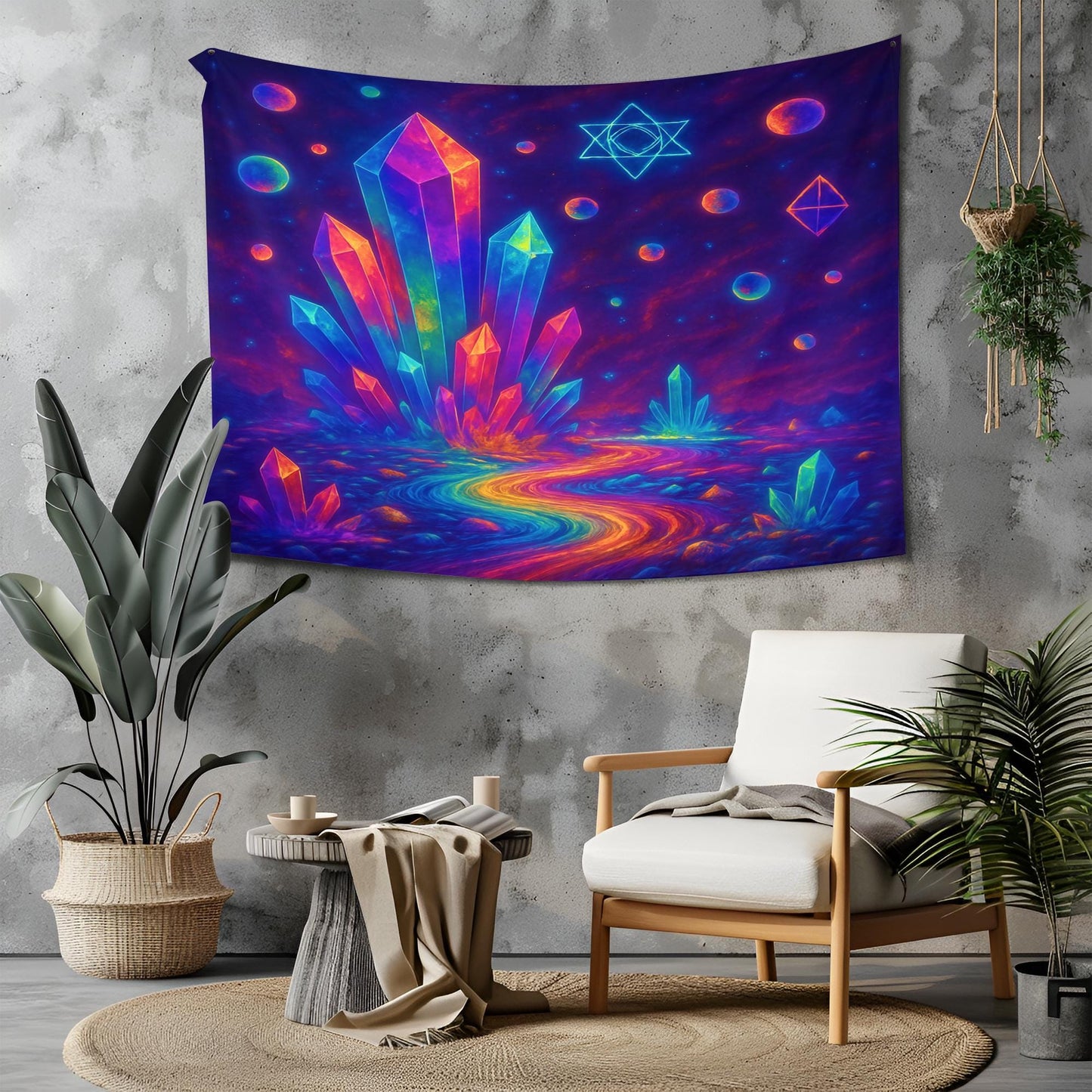 Rainbow Crystal Field Tapestry, Trippy Wall Art With Sacred Geometry, Floating Orbs And Energy Waves, Psychedelic Decor, Gift For Her