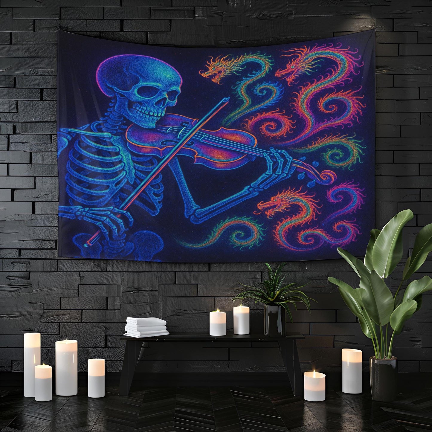 Skeleton Violin Tapestry, Psychedelic Gothic Wall Art, Trippy Neon Room Decor, Dark Boho Skeleton Print, Unique Gift for Musicians