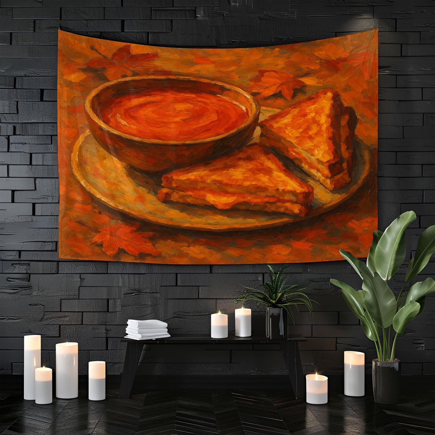 Grilled Cheese and Tomato Soup Wall Tapestry, Cozy Comfort Food Art Print with Autumn Leaves, Warm Kitchen or Dining Room Decor Piece