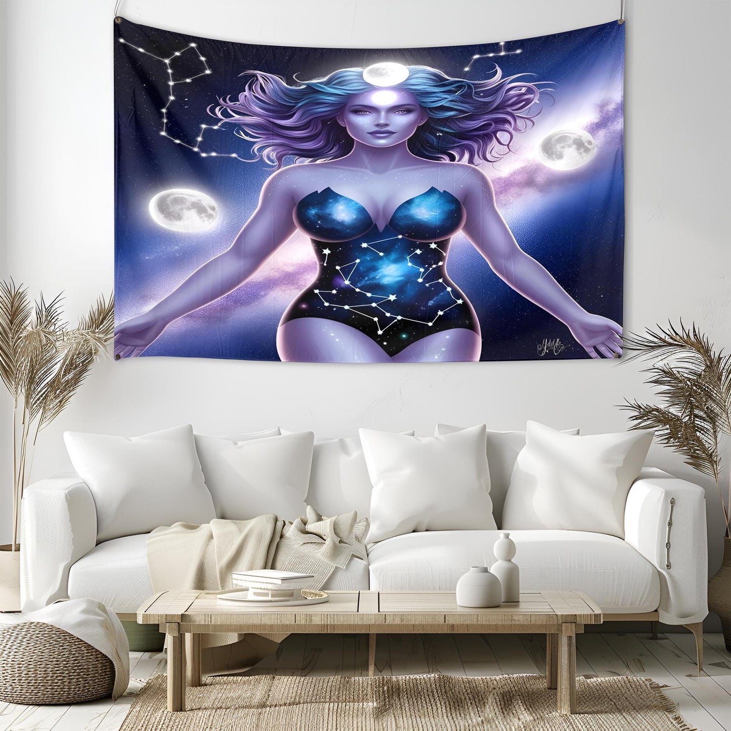 Cosmic Goddess Tapestry Full-Frame Design, Hair Blending into Galaxy, Constellations, Glowing Moons, Indigo Lavender Stardust Fantasy Art