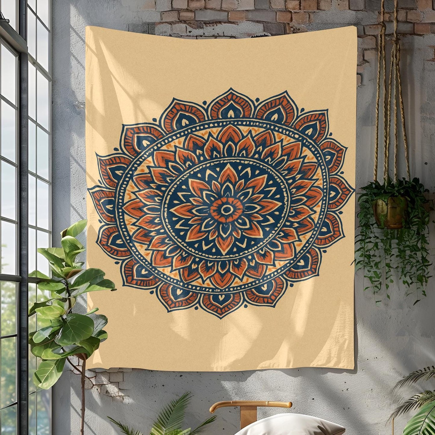 Beige Boho Mandala Tapestry with Blue and Orange Lotus Design – Wall Hanging for Bedroom, Living Room, Yoga or Dorm Decor