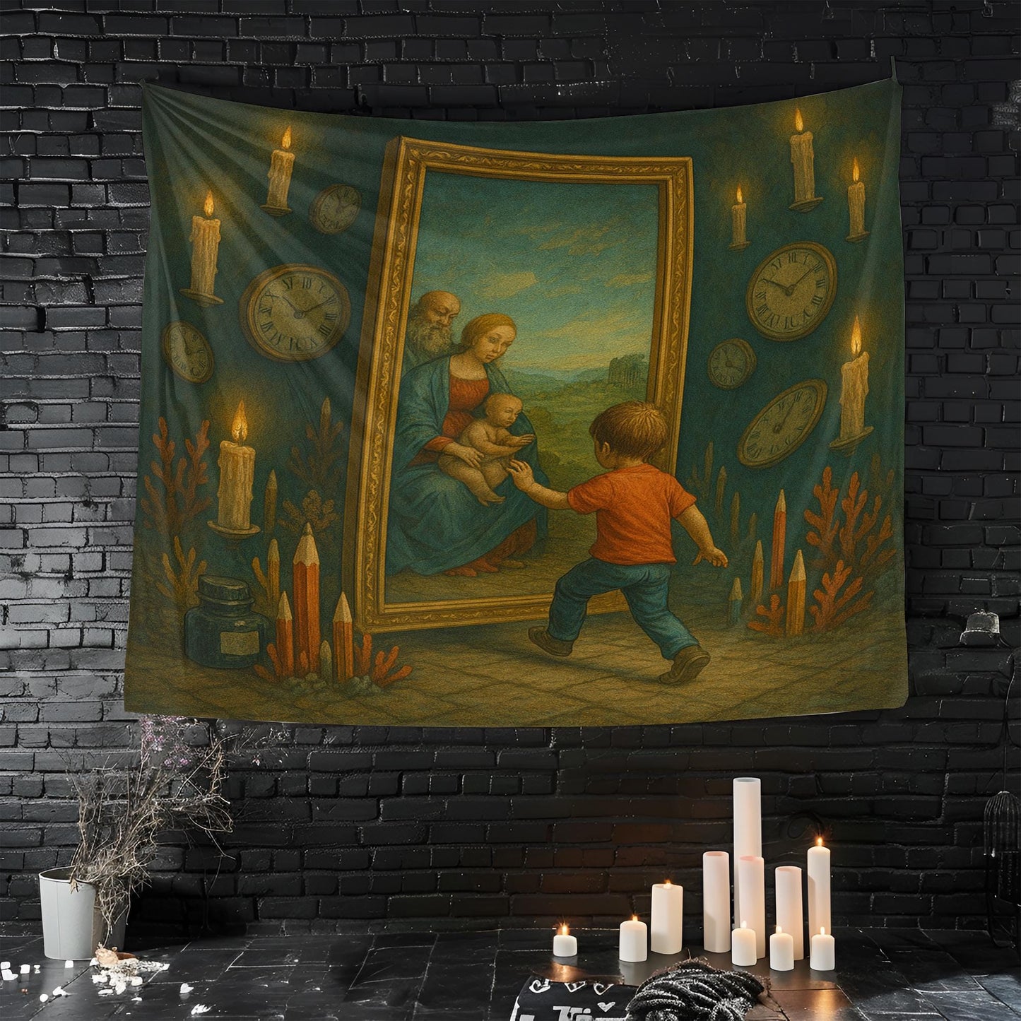 Child Stepping Through Mirror Into Renaissance Painting Tapestry, Floating Candles And Broken Clocks, Surreal Wall Art, Gift For Her