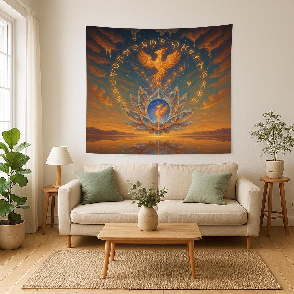 Phoenix Lotus Tapestry – Spiritual Rebirth Wall Art, Crystal Flower Sky Scene, Celestial Fire Bird Decor, Mystical Awakening Print