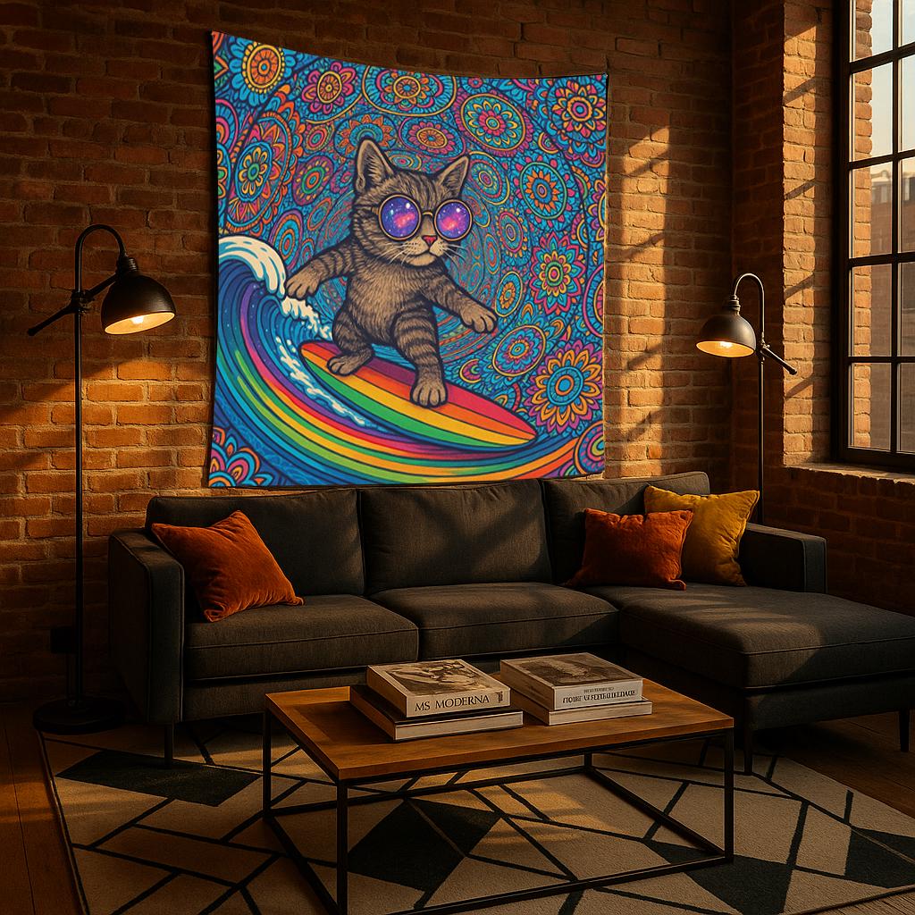 Psychedelic Surfing Cat Wall Tapestry, Trippy Rainbow Surfboard Art with Cool Kitten in Sunglasses, Fun Boho Decor for Dorm or Bedroom