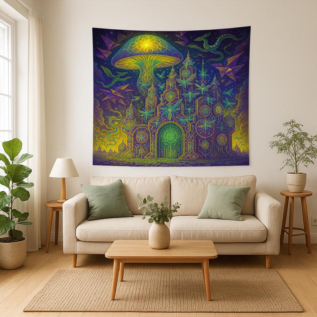 Psychedelic Tapestry – Trippy Alien Temple Wall Art, Geometric Space Decor, Vibrant Mushroom UFO Scene, Spiritual Boho Wall Hanging