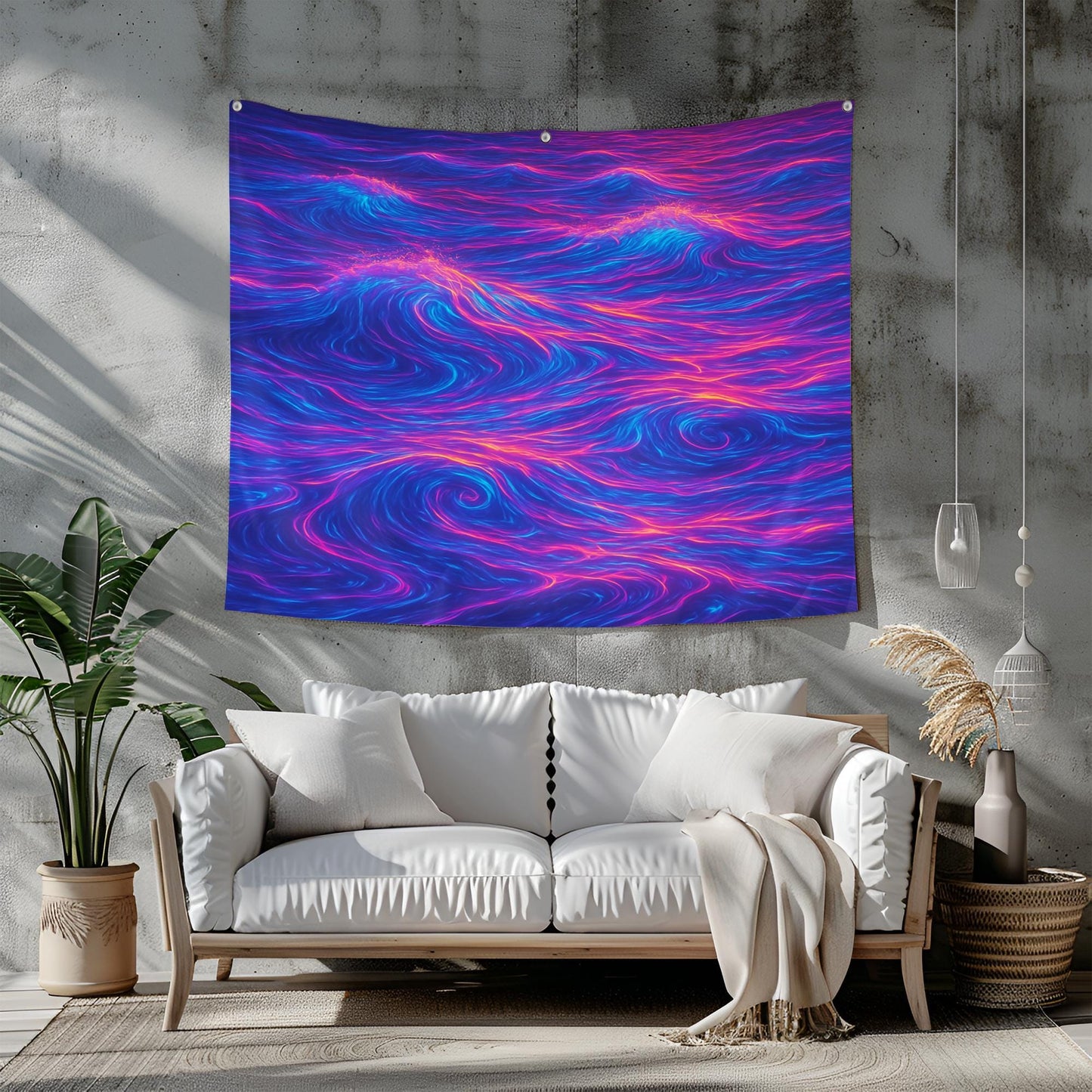 Neon Ocean Light Tapestry, Glowing Waves In Blue Purple Pink With Bioluminescent Foam, Surreal Dreamscape Wall Art, Gift For Her Or Him