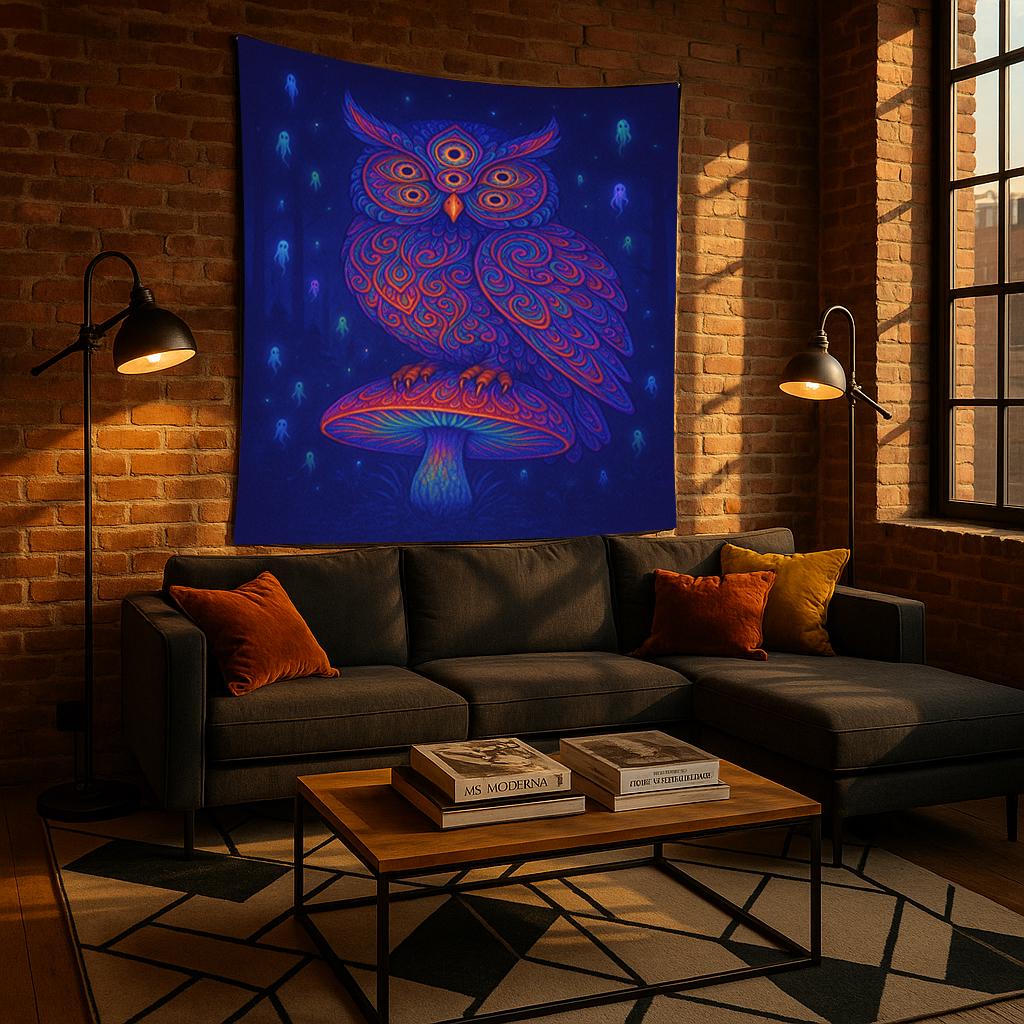 Psychedelic Owl Tapestry, Trippy Mushroom Wall Art, Boho Room Decor, Visionary Spirit Print, Mystical Night Banner, Bohemian Gift