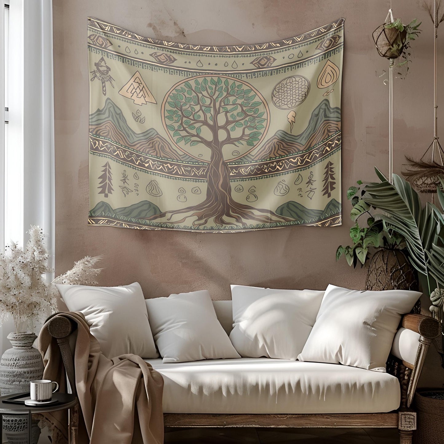 Shamanistic Tree of Life Tapestry, Spiritual Symbol Wall Art, Earthy Green Muted Brown Decor, Nomadic Mountain Water Motifs, Room Tapestry
