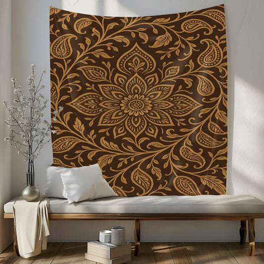 Floral Boho Wall Tapestry in Brown and Gold – Botanical Mandala Design Wall Hanging for Bedroom, Living Room or Meditation Space