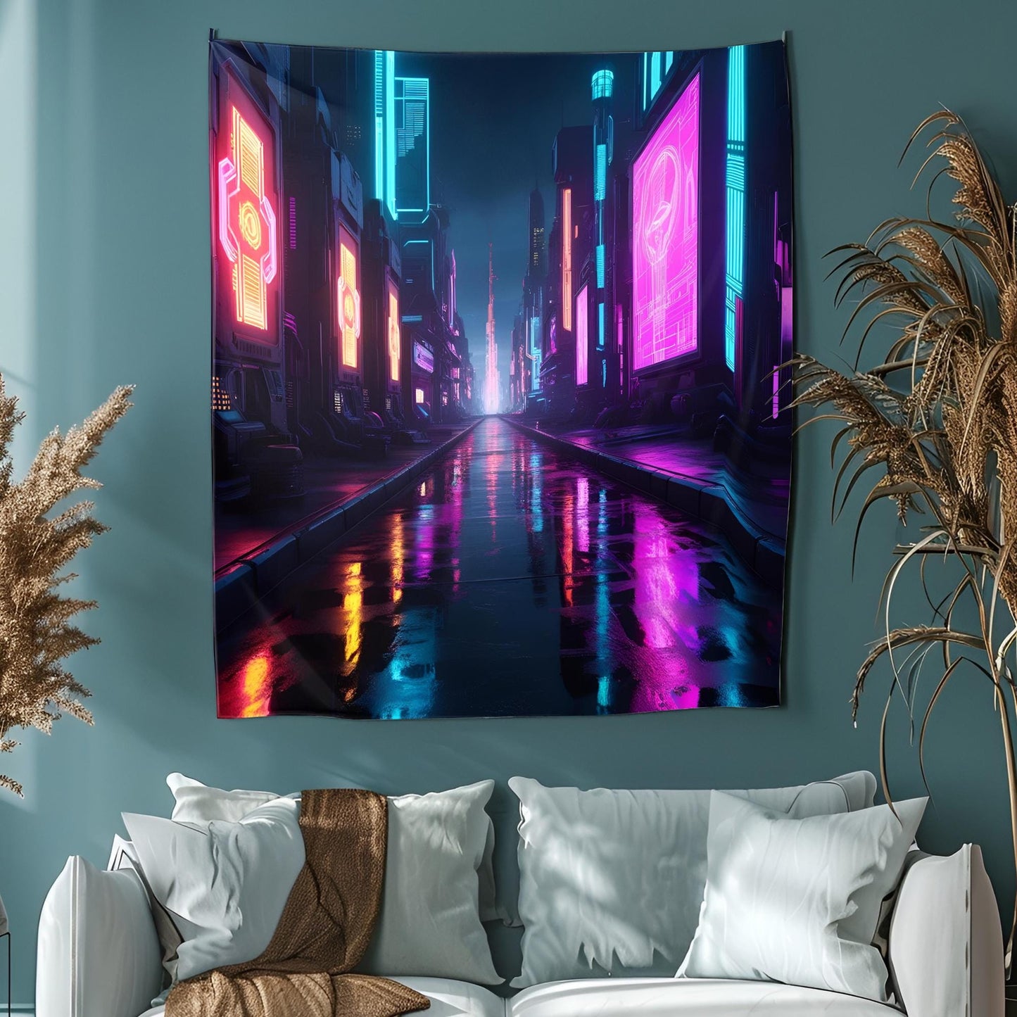 Futuristic Cyberpunk City Tapestry, Neon Holograms, Psychedelic Nightscape with Vibrant Reflections, Ultra-High Detail Art