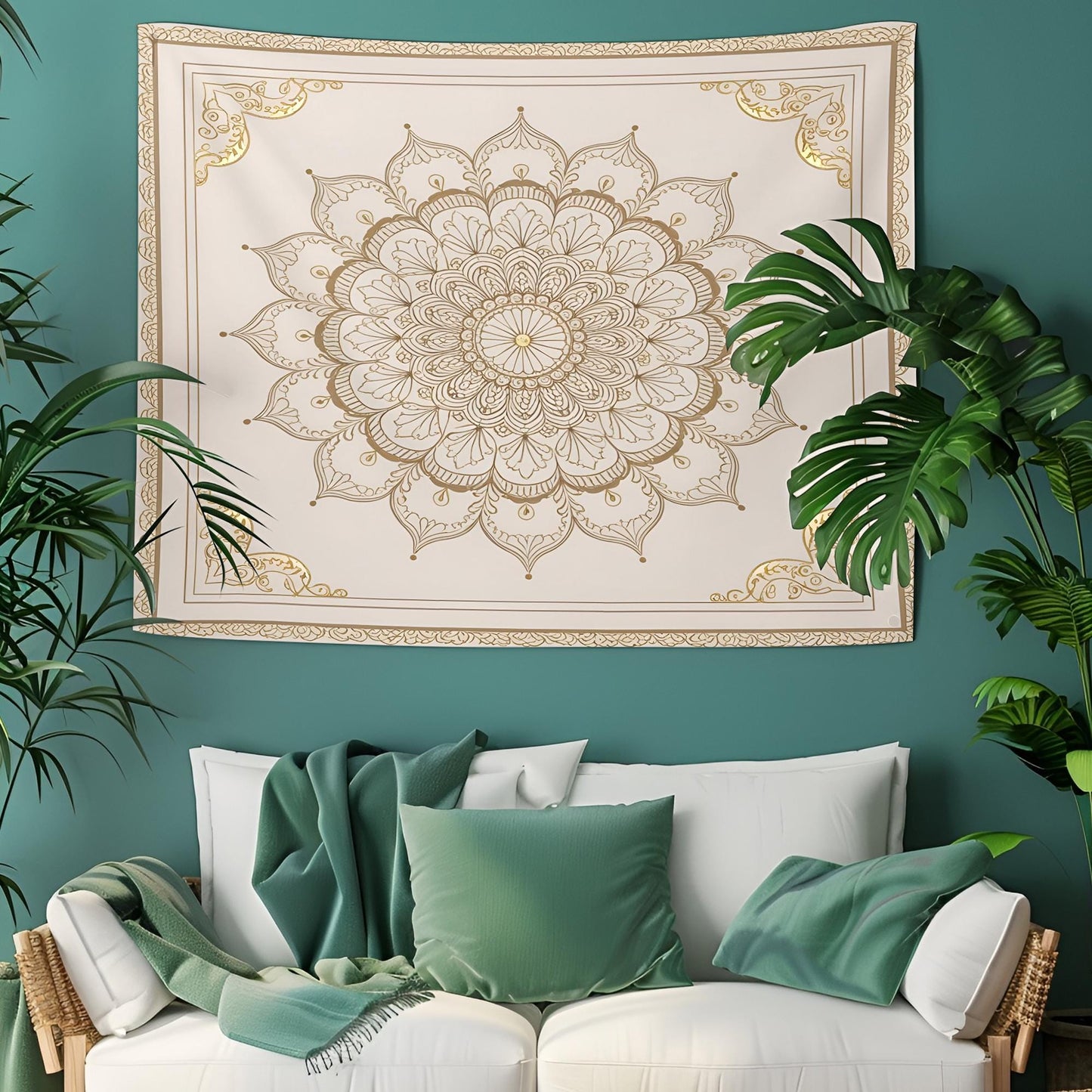 Symmetrical Indian Mandala Tapestry, Delicate Gold Filigree Details, Subtle Decorative Frame, Square Layout, Elegant Boho Wall Art