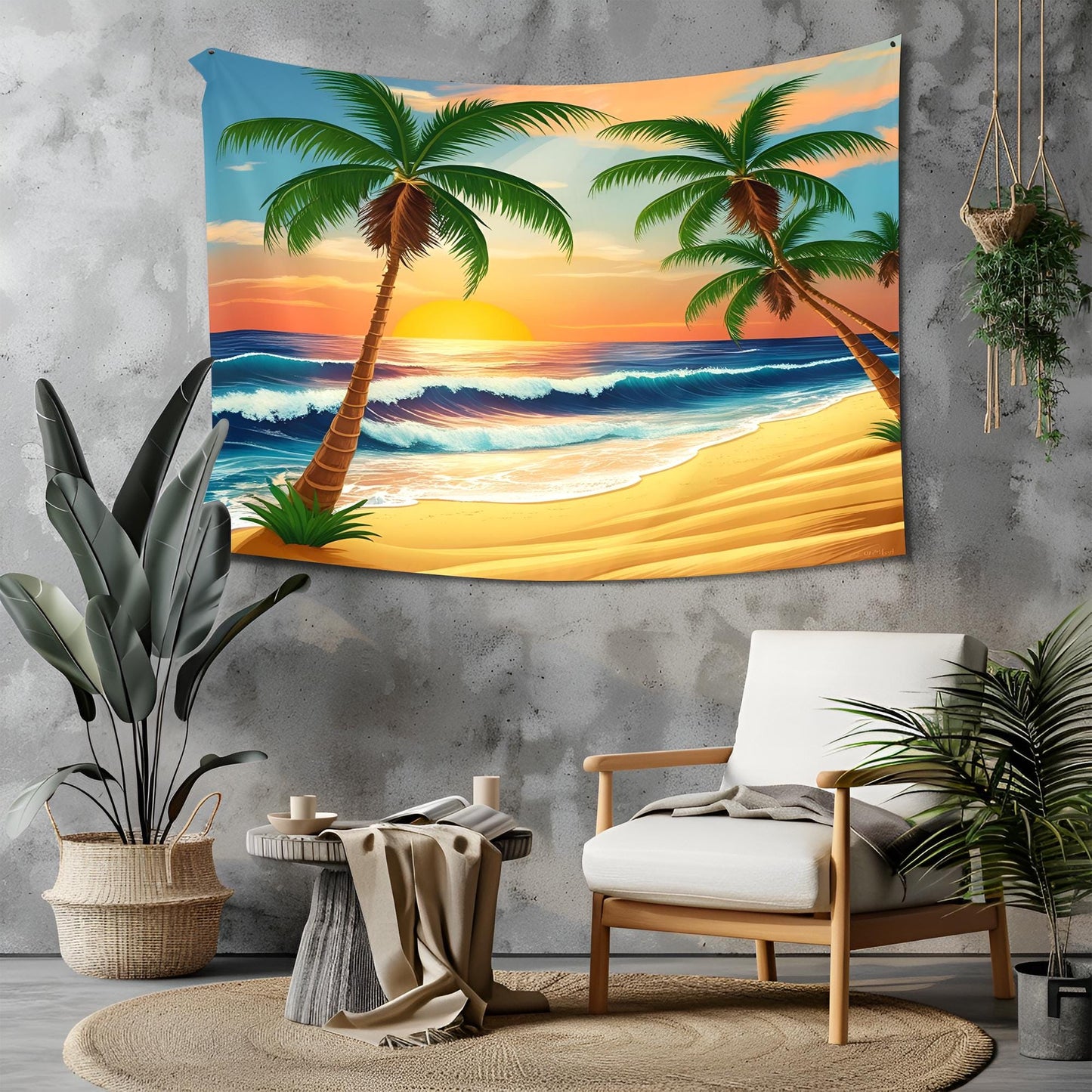Tropical Beach Sunset Tapestry, Coconut Palm Trees & Golden Sand, Deep Blue Ocean Waves with Gentle Breeze, Warm Orange Sky Wall Art