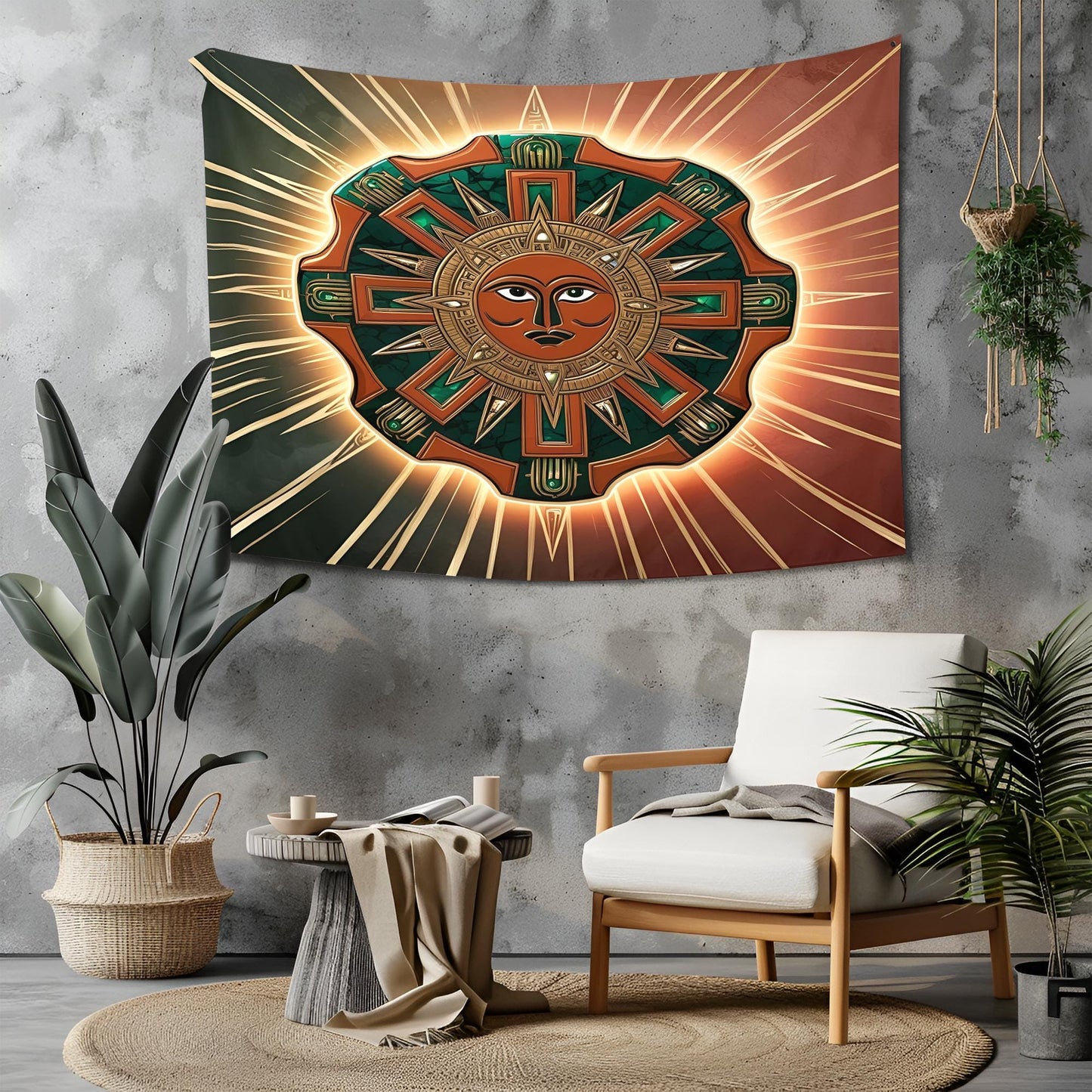 Aztec Sun Stone Tapestry with Intricate Symbols, Tribal Jaguar Motifs & Geometric Lines in Terracotta, Gold Dark Green Tones