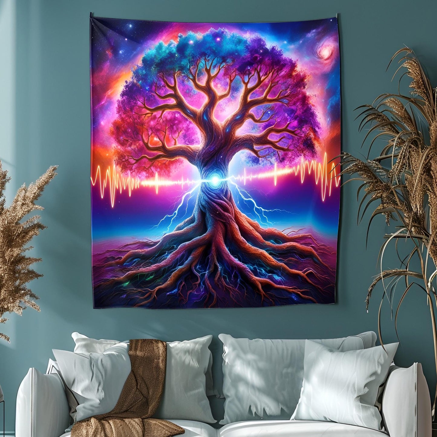Mystical Cosmic Tree Tapestry, Glowing Branches & Galactic Roots, Neon Energy Waves, Psychedelic Surreal Wall Art, Trippy Wall Art