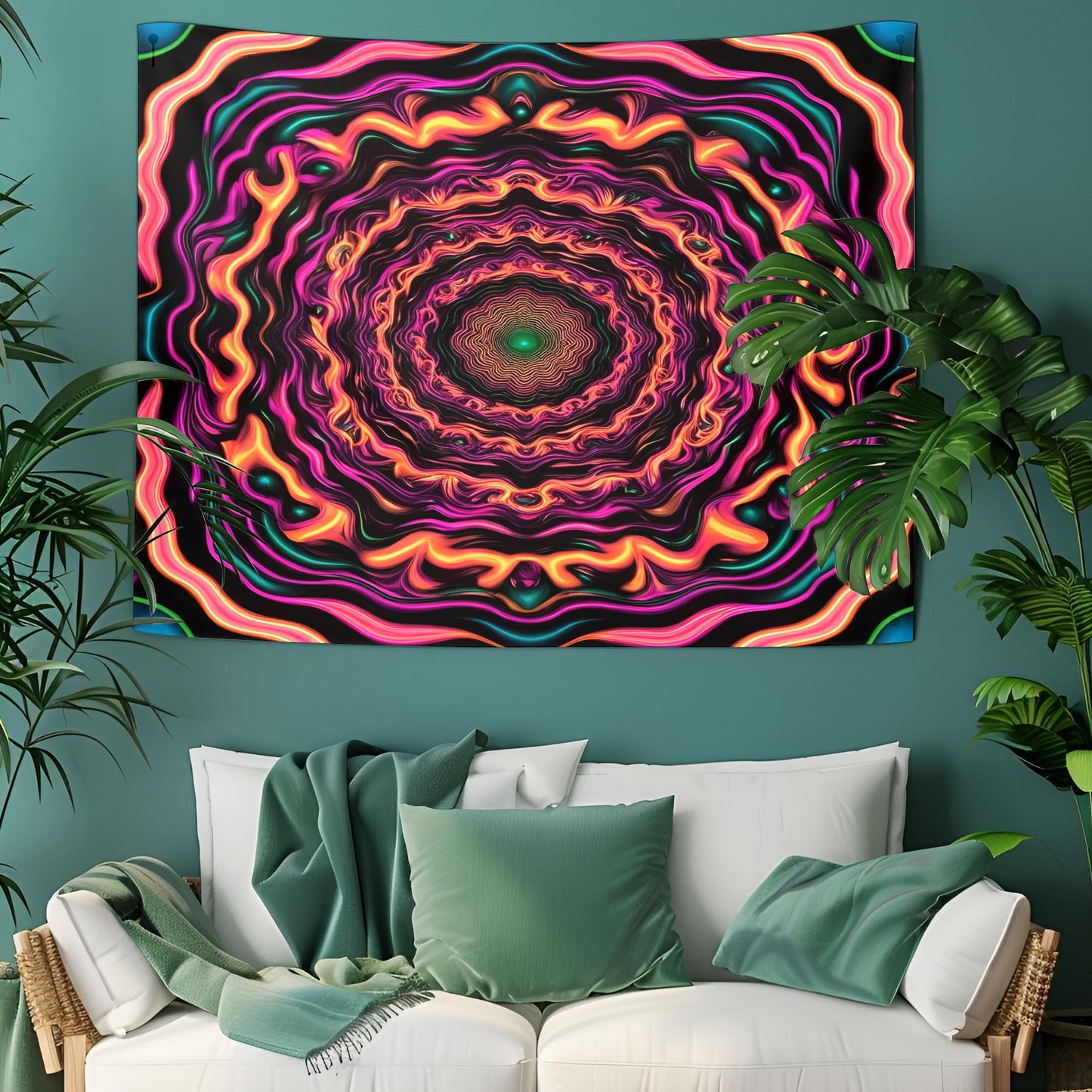 Trippy Optical Illusion Tapestry, Hypnotic Neon Swirl Wall Art, Endless Moving Pattern, Mind-Bending Psychedelic Decor, Tapestry Neon