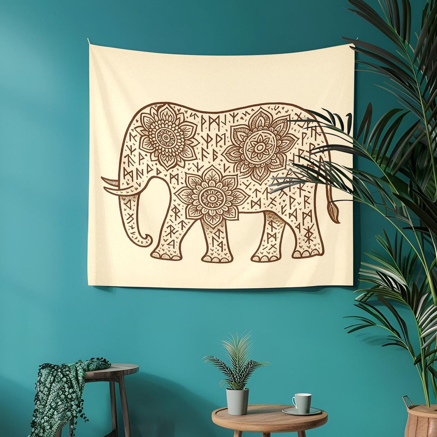 Mandala Elephant Wall Tapestry with Runes on Cream Background – Bohemian Boho Decor for Yoga Room, Bedroom, Meditation and Healing Space
