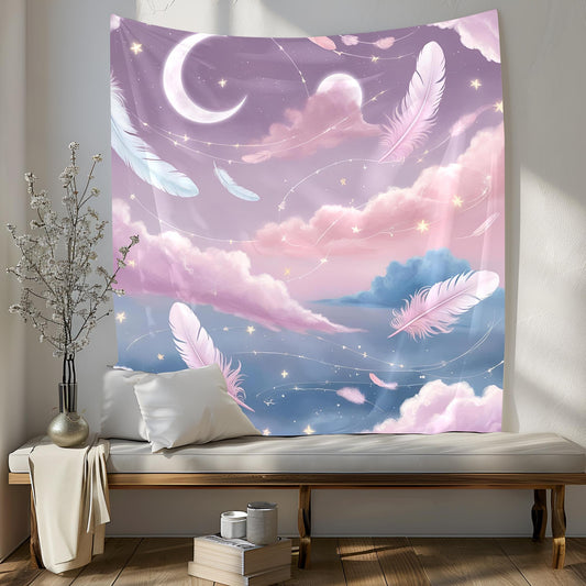 Dreamy Galaxy Tapestry with Floating Crescent Moons, Drifting Feathers, Glowing Clouds & Star Trails in Lilac Blush Pink Baby Blue