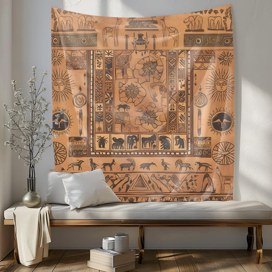 Mystical Tapestry, Ancient Stone Carving Wall Hanging, Sacred Geometric Design, Earthy Sand Tones Decor, Monument Tapestry , Gift for room
