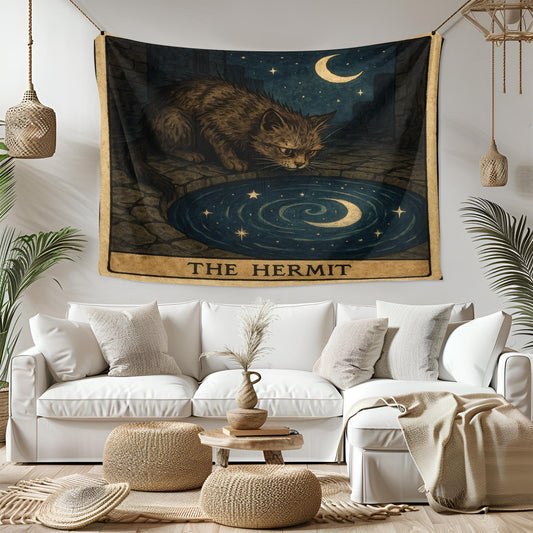 The Hermit Cat Tapestry – Tarot-Inspired Mystical Wall Art, Introspective Boho Cat Decor, Celestial Gothic Tapestry for Bedroom or Altar