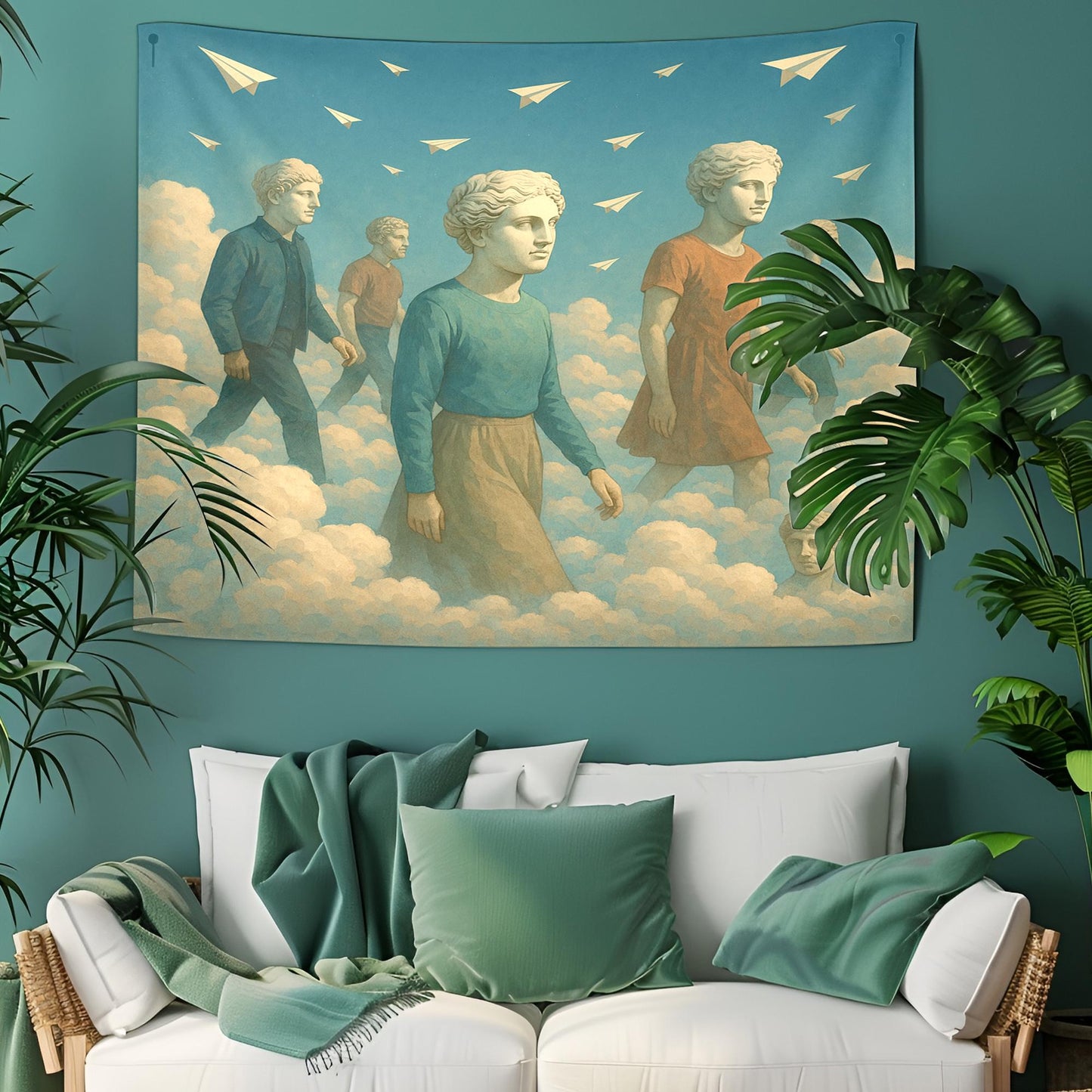 Cloud Walkers Tapestry With Ancient Sculpture Heads And Reverse Paper Planes, Surreal Dreamscape Wall Art, Thoughtful Gift For Him Or Her