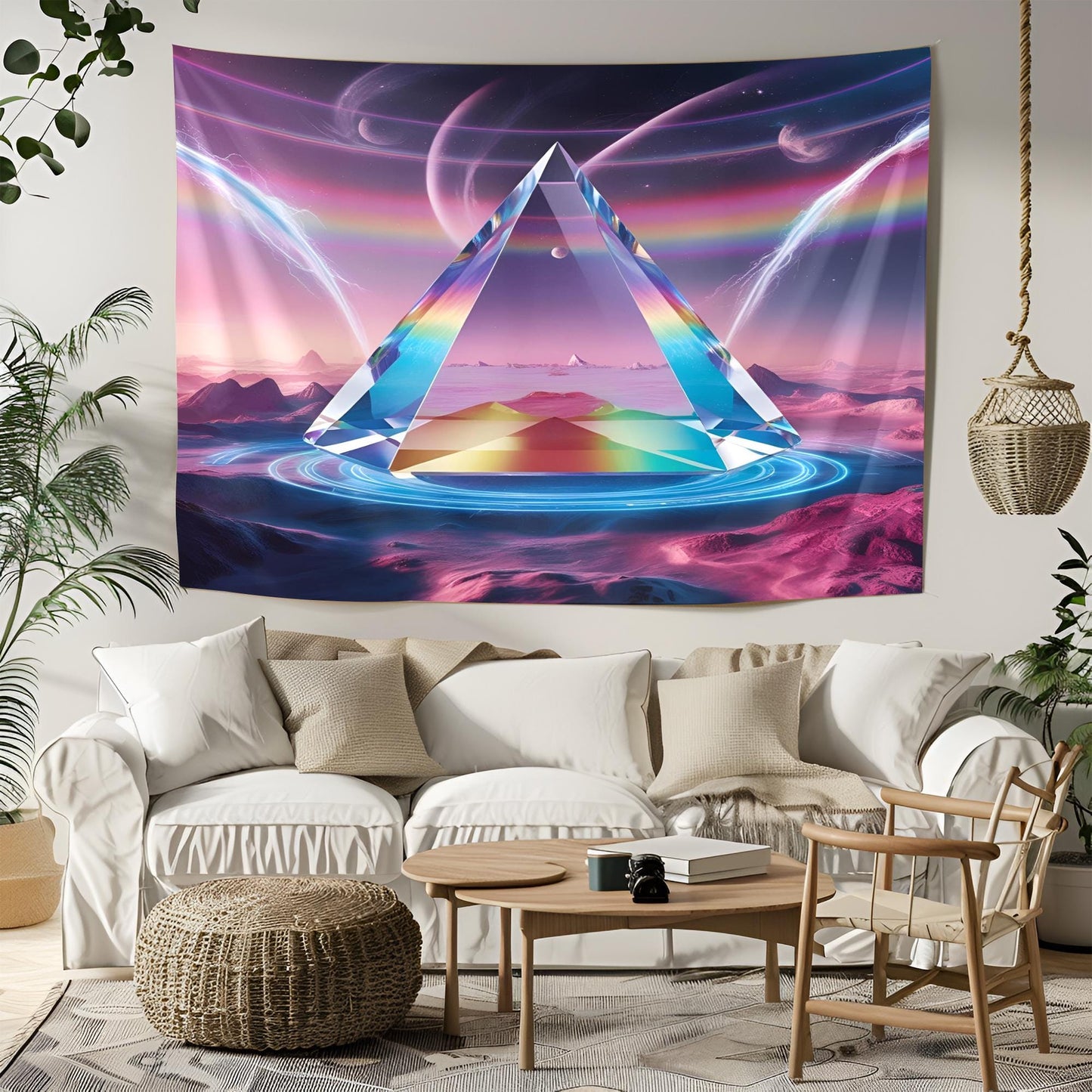 Giant Transparent Crystal Prism Tapestry, Floating in Surreal Dreamscape, Refracting Rainbow Light & Cosmic Energy Waves, Neon Psychedelic