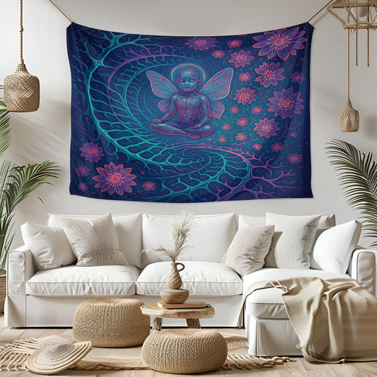 Fairy Child Tapestry – Psychedelic Meditating Kid Wall Art, Trippy Nature Spirit Decor, Mystical Flower Swirl Print, Spiritual Room Art
