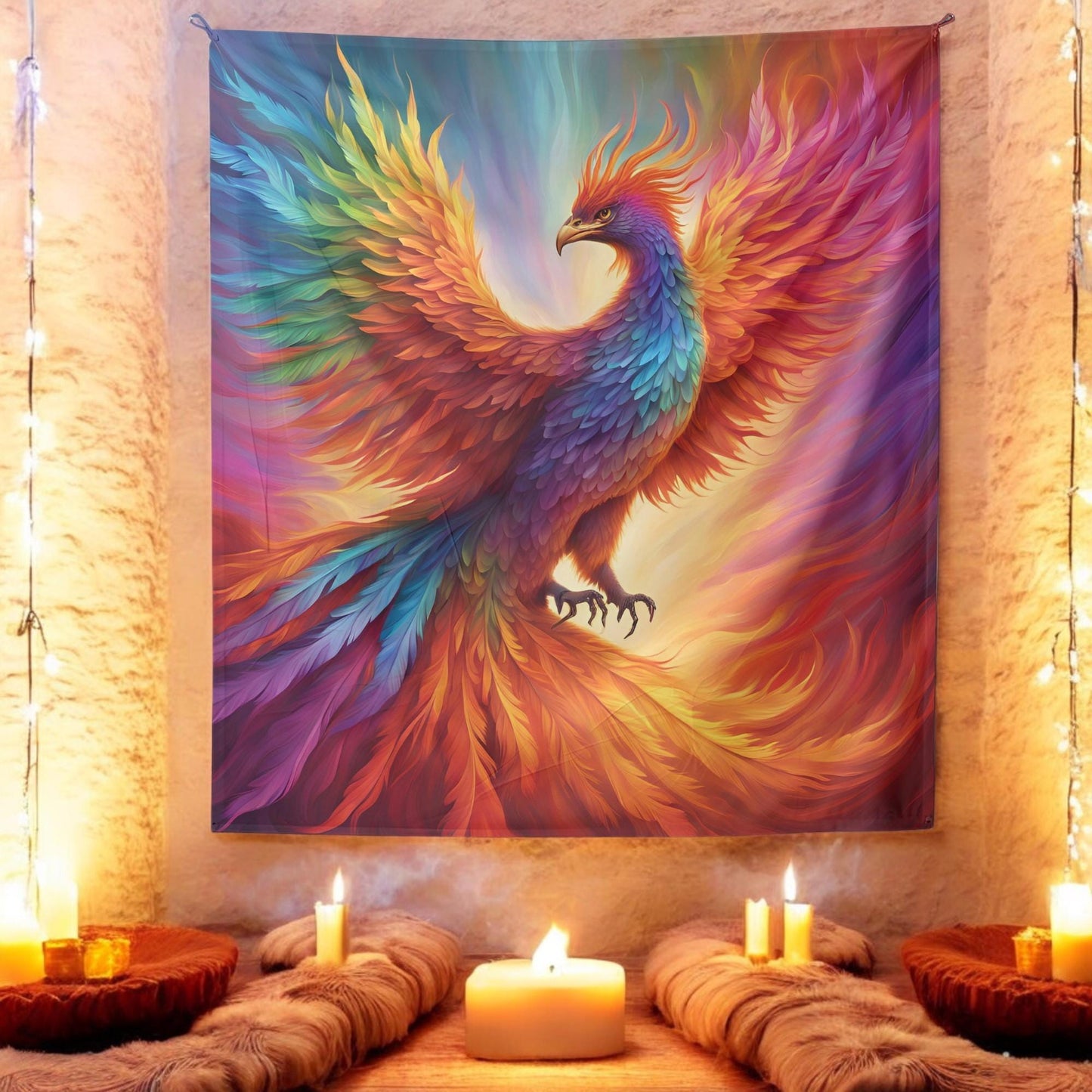 Rainbow Phoenix Tapestry - LGBT Pride Wall Hanging - Vibrant Fire Bird Artwork - Symbol of Strength, Rebirth & Transformation
