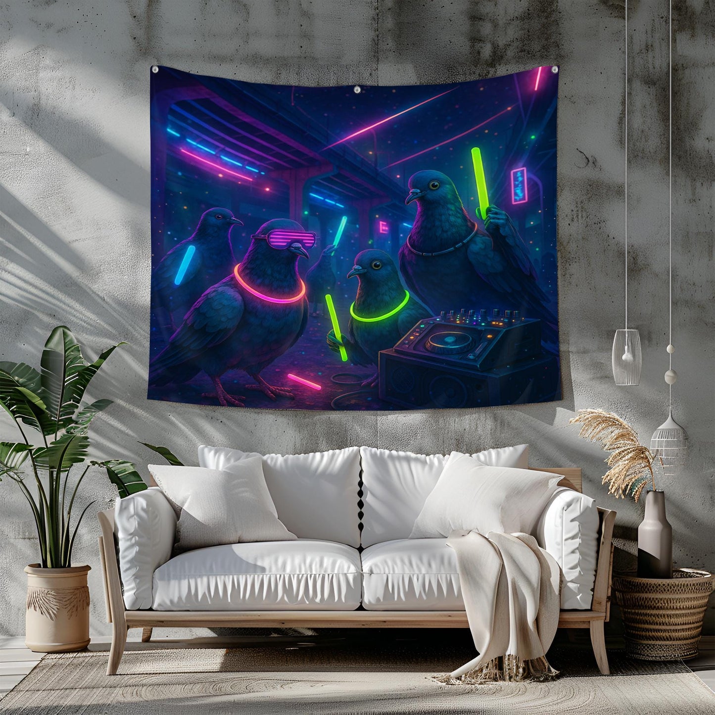 Neon Rave Pigeon Tapestry, Funny Glow Party Wall Art For Dorm Or Game Room, DJ Pigeon Decor, Cool Gift For Bird Lovers And Party Fans