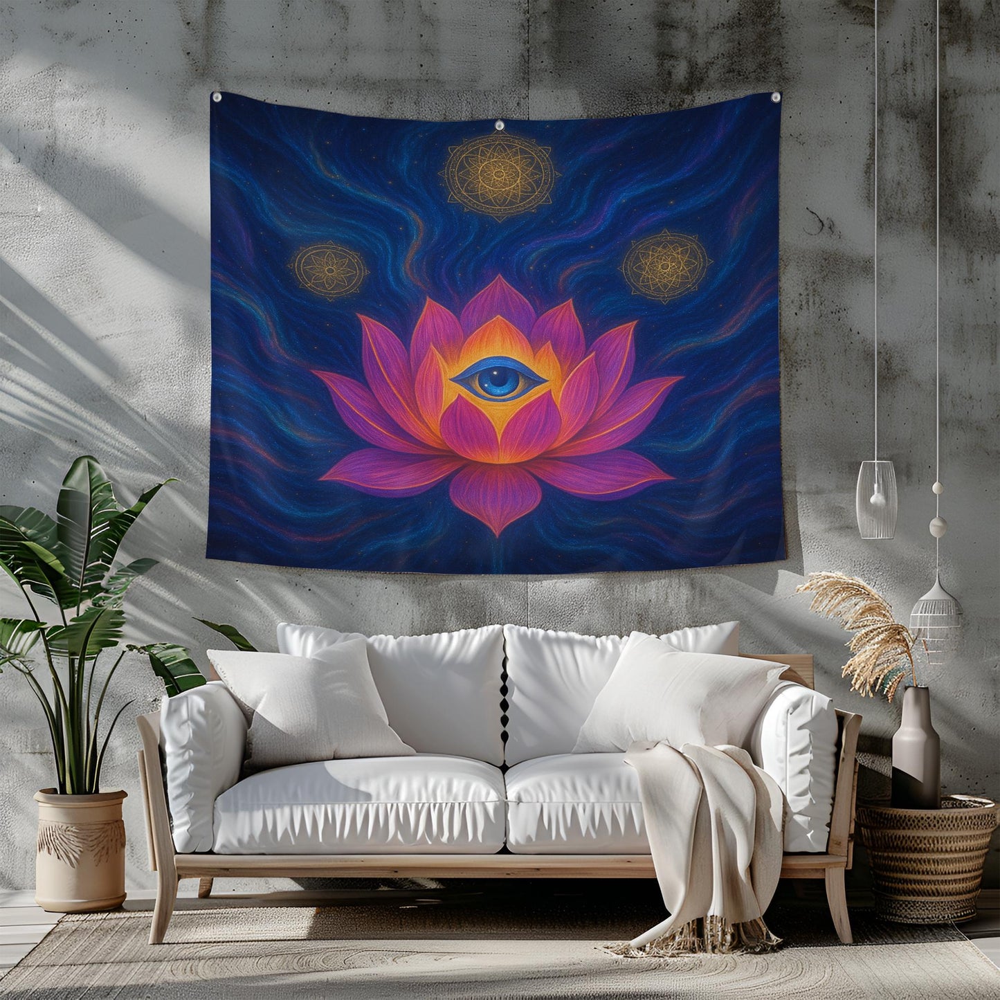 Third Eye Lotus Flower Wall Tapestry, Spiritual Room Decor With Sacred Symbols, Psychedelic Vision Art Gift For Meditation Lovers Or Yogis