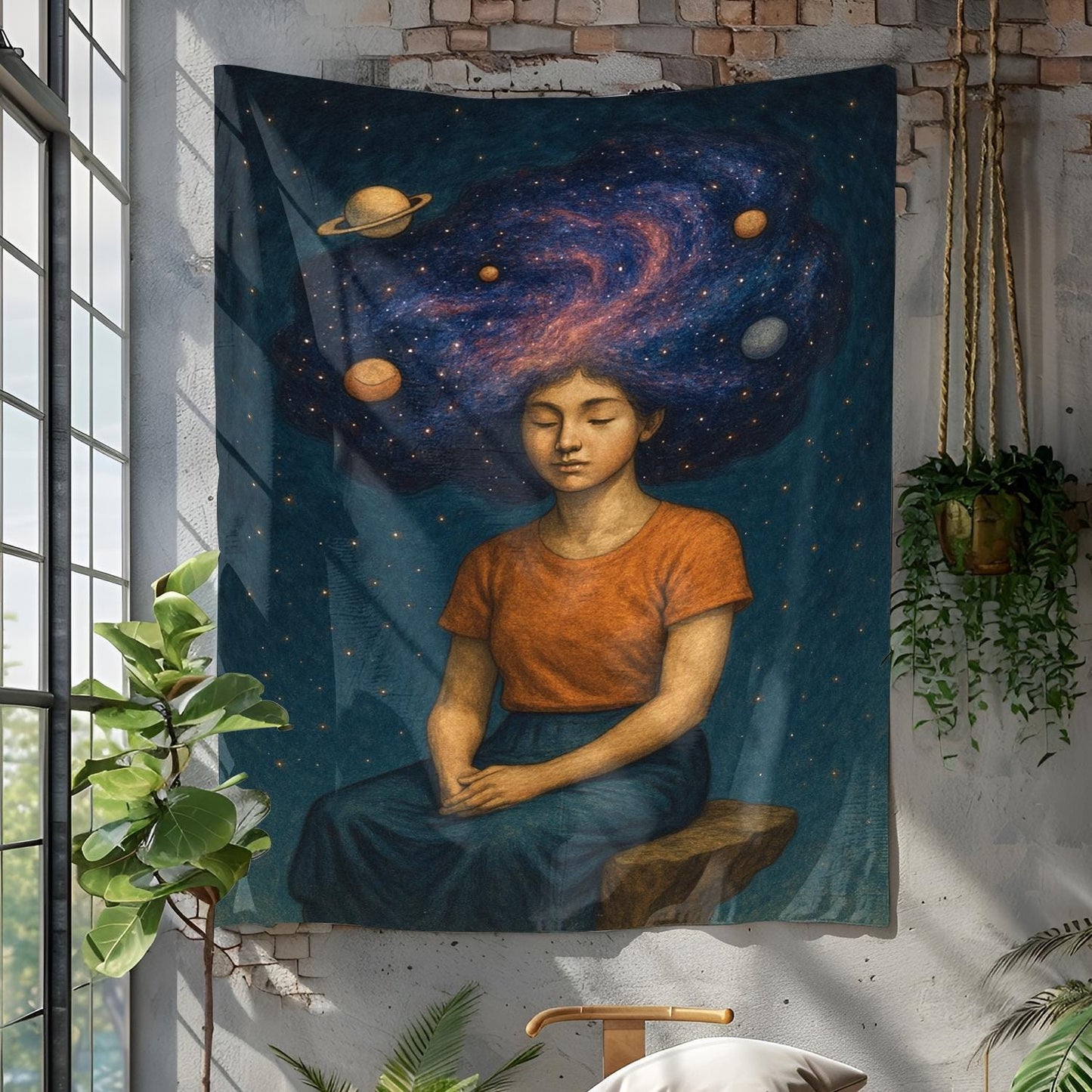 Galactic Hair Woman Tapestry, Planets Orbiting Her Head As She Sits On Floating Rock, Surreal Cosmic Wall Art, Gift For Her Or Dreamer