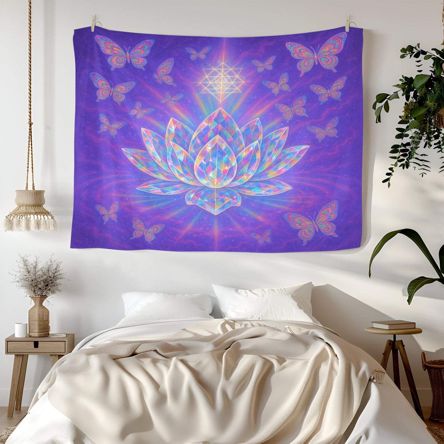 Crystal Lotus Tapestry, Spiritual Butterfly Wall Art, Pink Purple Boho Decor, Meditation Yoga Room Hanging, Sacred Geometry Gift