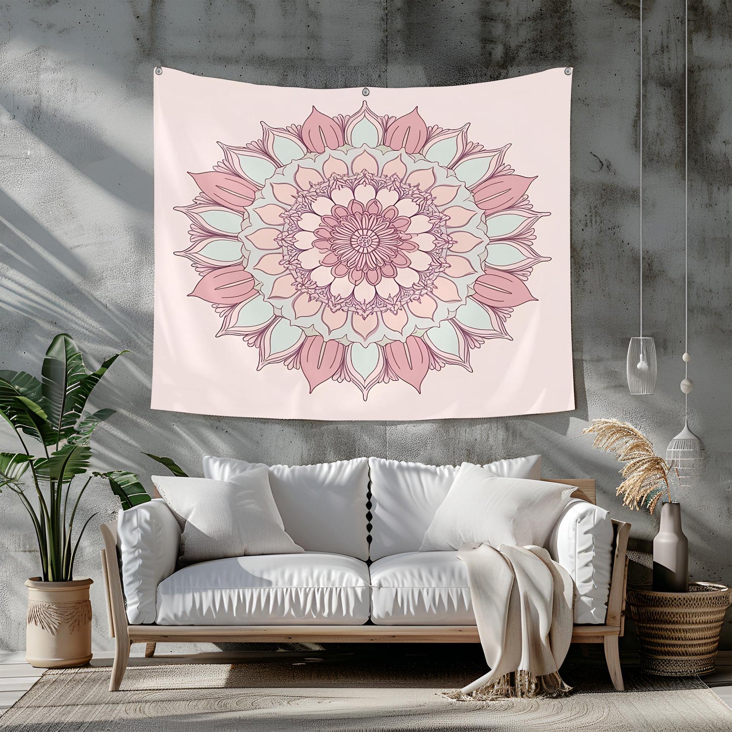 Delicate Floral Mandala Tapestry, Symmetrical Lotus Petals & Soft Pastel Tones, Calming Aesthetic with Intricate Botanical Patterns