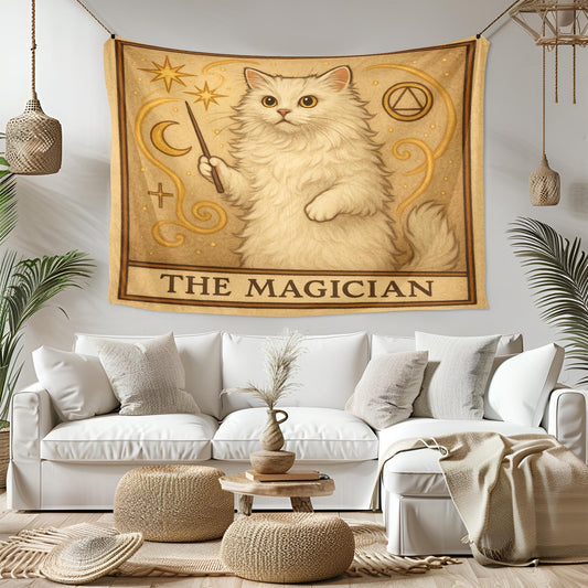 The Magician Cat Tapestry – Tarot Wall Hanging, White Cat Witchy Decor, Mystical Boho Tapestry for Spiritual or Bedroom Spaces