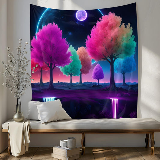 Surreal Nighttime Landscape Tapestry, Glowing Neon Rainbow Trees Floating in Cosmic Sky with Dripping Neon Light, Deep Dreamy Vibe