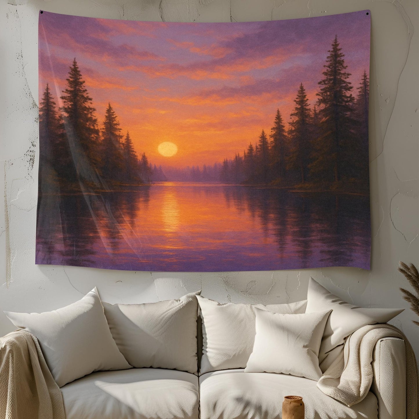Sunset Lake Tapestry – Serene Forest Wall Hanging, Nature Landscape Wall Art, Tranquil Water Scene for Dorm, Bedroom or Living Room Decor